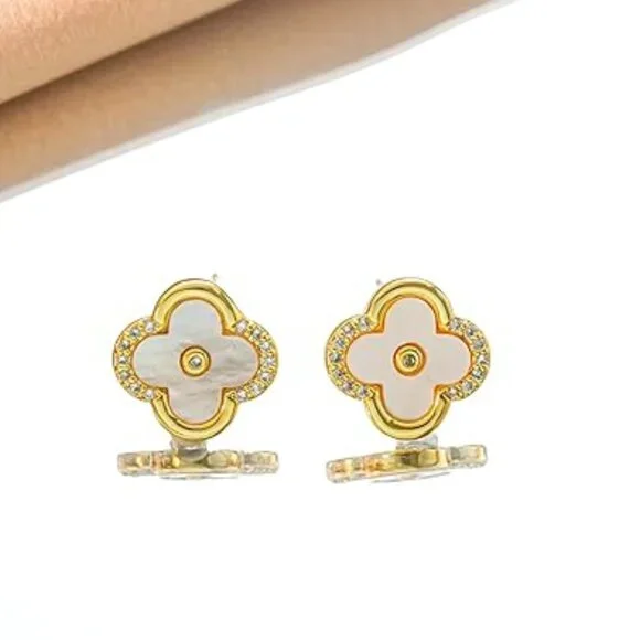 Women's Gold Plated 925 Silver Post Clover Shaped Dainty CZ Stud Earrings - Picture 3 of 5